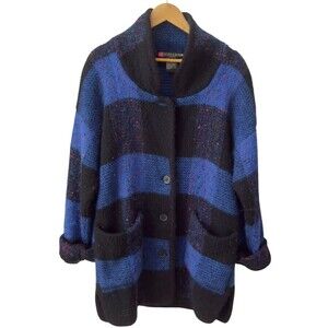 Vintage I.B. Diffusion Mohair Blend Blue Black 90s Cardigan Sweater Coat. Medium